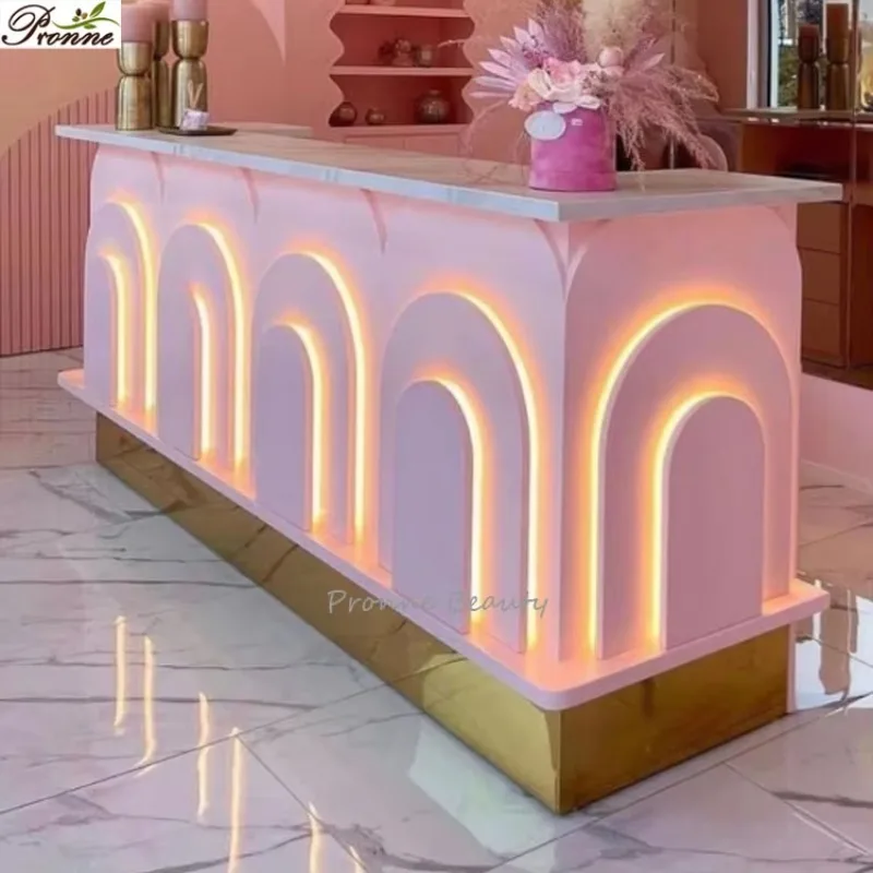 Modern Spa Salon Counter Hotel Salon Furniture Pink and Gold Granite Reception Desk with Light Emitting Diodes