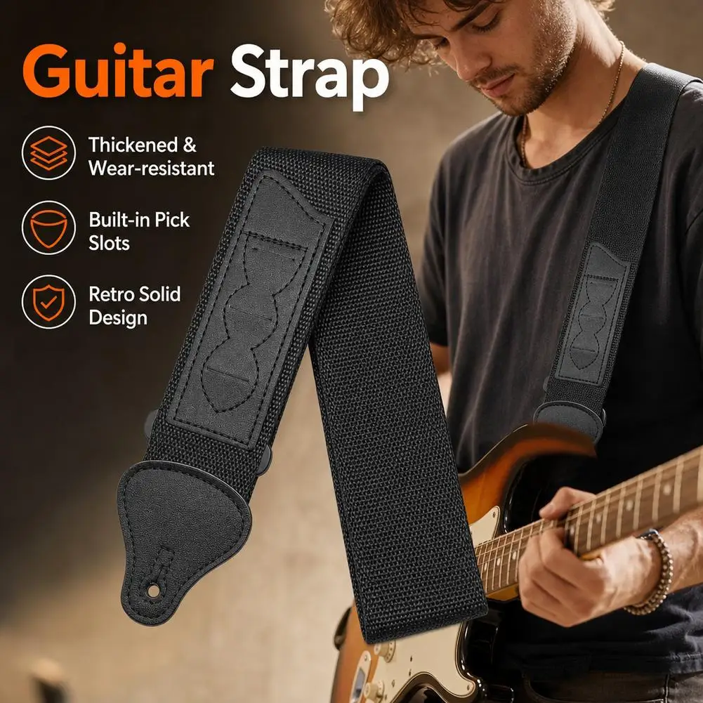 Guitar Strap 3 Pick Holder Leather Ends Electric Acoustic Bass Retro Adjustable Thickened Shoulder Belt Ukulele Accessories