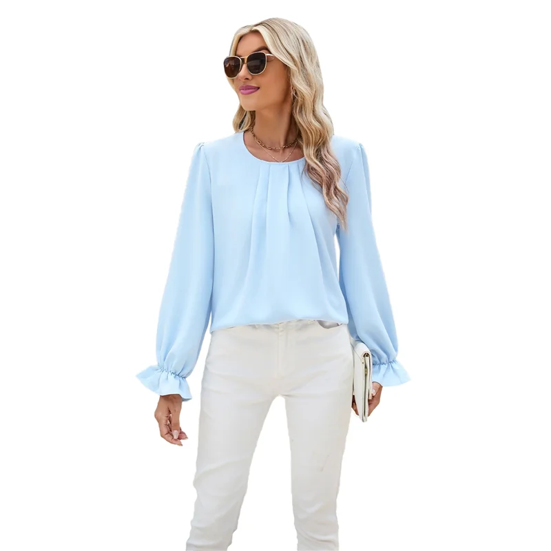

QV-Women's Puff Long Sleeve Blouse Dressy Casual Crew Neck Chiffon Blouse Loose Fit Pleated Shirt Work Office Tops