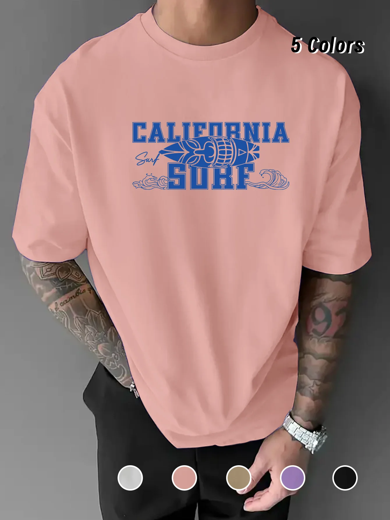 T-shirt à manches courtes col rond pour homme, style streetwear décontracté oversize, imprimé tribal planche de surf et vague, collection « California Surf »