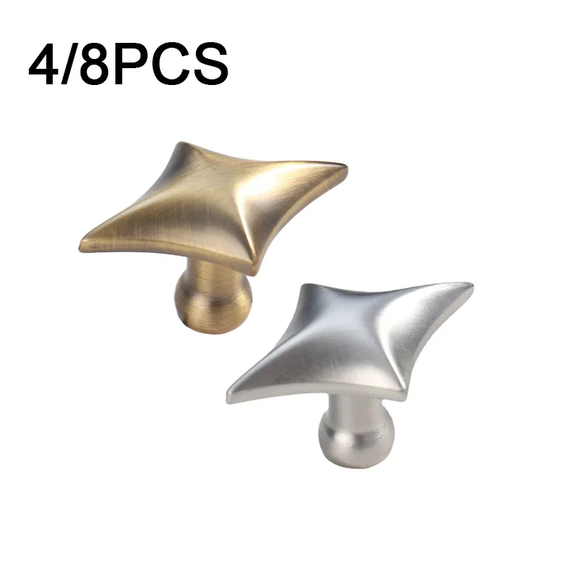Modern 4/8Pcs Star Shape Cabinet Knobs Zinc Alloy Drawer Pulls Single Hole Brushed Silver Antique Brass Dresser Hardware