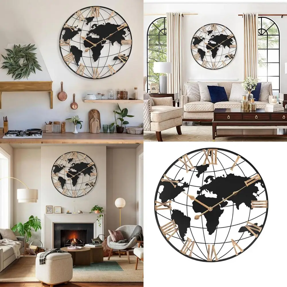 

Большие 20-дюймовые современные бесшумные настенные часы с картой мира и винтажными золотыми римскими цифрами для декора дома и офиса