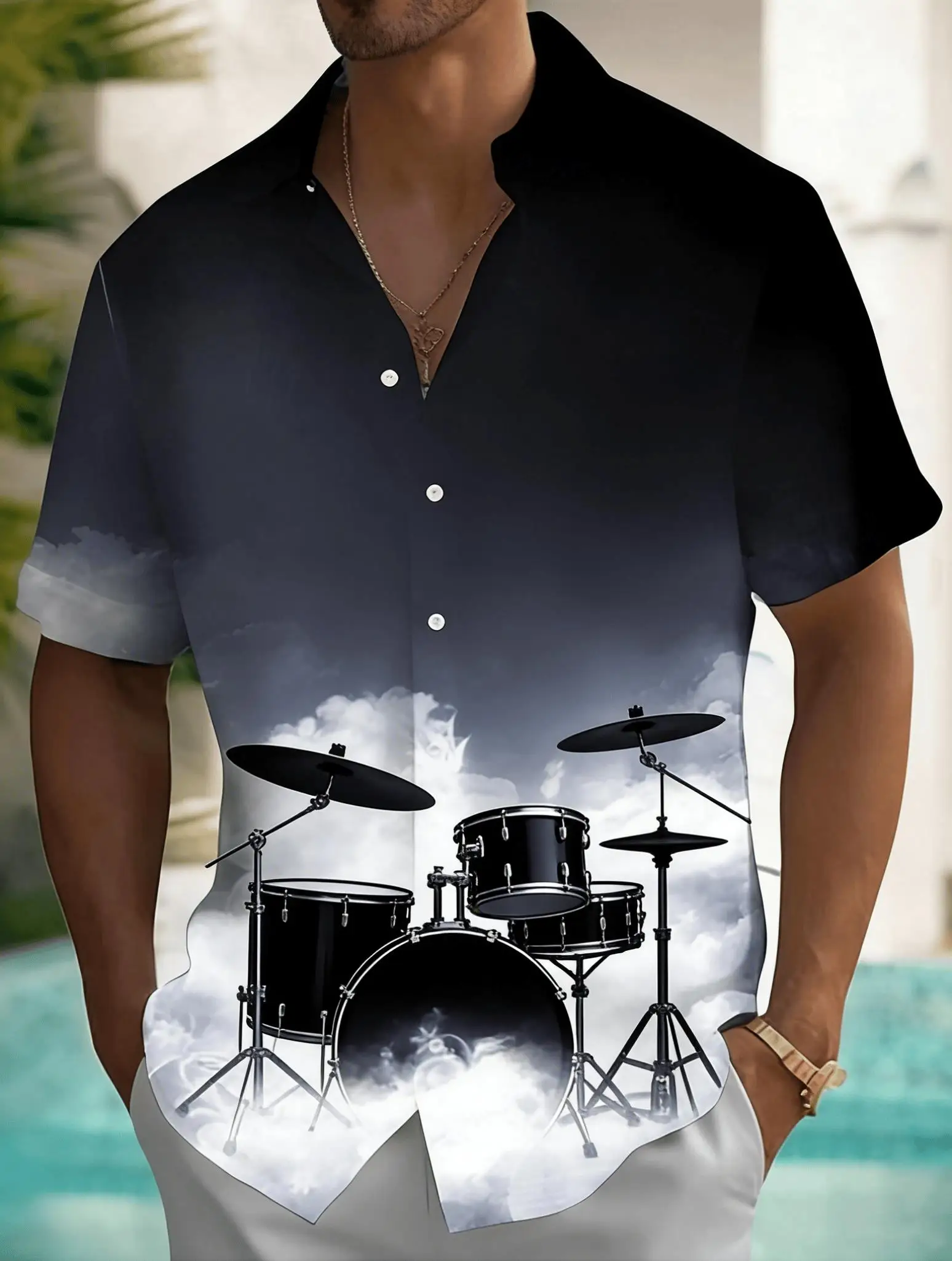 

Men's Black Gray Gradient Print Short Sleeve Shirt, Spring Summer Rock Themed Casual Vacation Blouse, Loose Casual Top