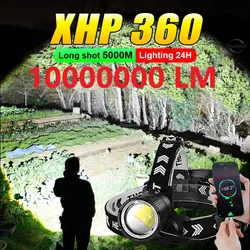 10000000LM Newest Powerful XHP360 LED Headlamp USB Rechargeable Headlight Spotlight 5000M Head Flashlight Zoom Fishing Head Lamp