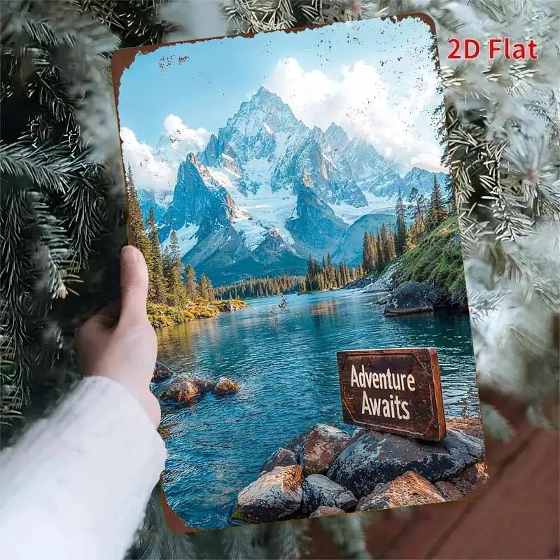 مسطح ثنائي الأبعاد، قطعة واحدة من لافتة معدنية عتيقة ثنائية الأبعاد، "مغامرة بحيرة جبل ثلجية - زخرفة لوحة من القصدير"، مثالية للمنزل، غرفة المعيشة