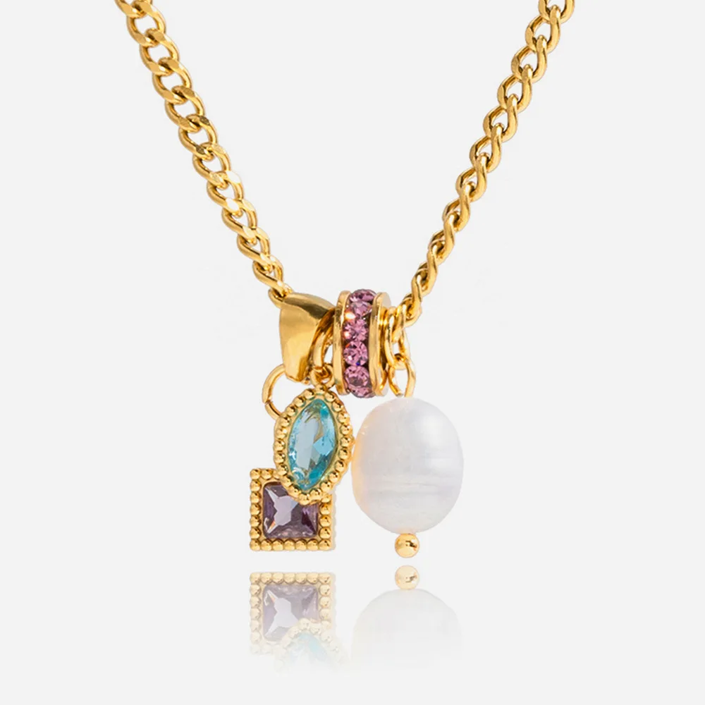 

Lucky Zircon Bead Freshwater Pearl Pendant Necklace For Women 18K Gold Plated Stainless Steel Necklace Fashion Jewelry