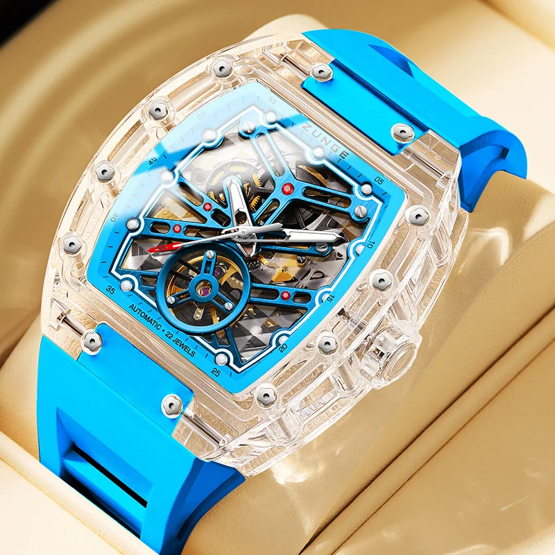 

Роскошные брендовые автоматические механические мужские часы ZUNGE, двойной прозрачный скелетон, маховик, водостойкий резиновый ремешок, светящийся Z8701