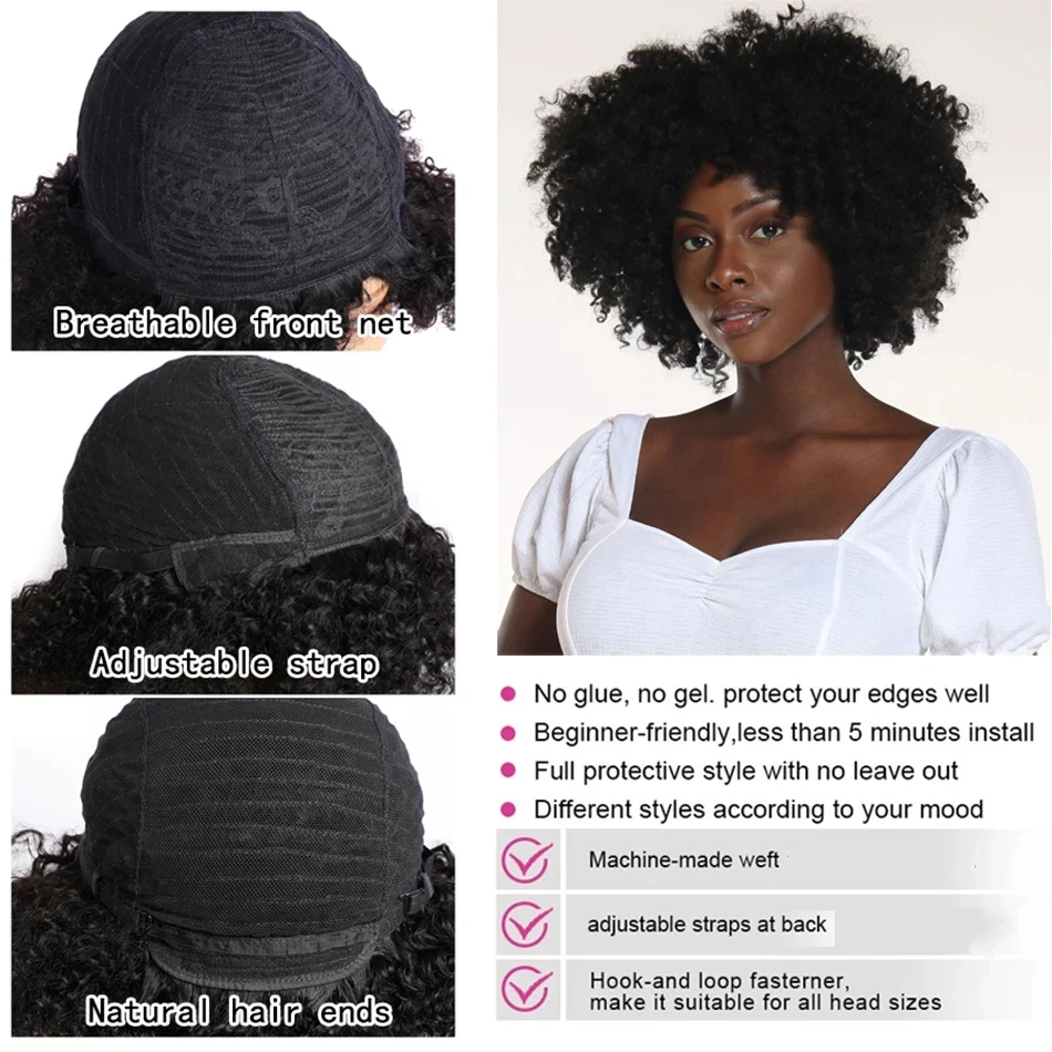 Kinky Curly Wigs with Bangs 180% Density Brazilian Remy Human Hair Full Machine Made Wigs Short Afro Curly Wigs For Women