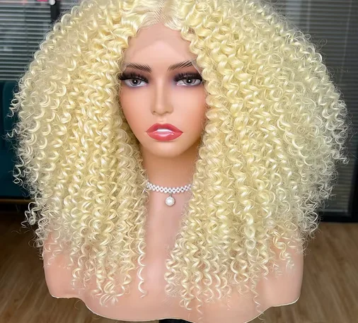 613 Blonde Kinky Curly Wig Long Synthetic Lace Front Wig For Women 17inch Pre Plucked Heat Resistant Hair Wig