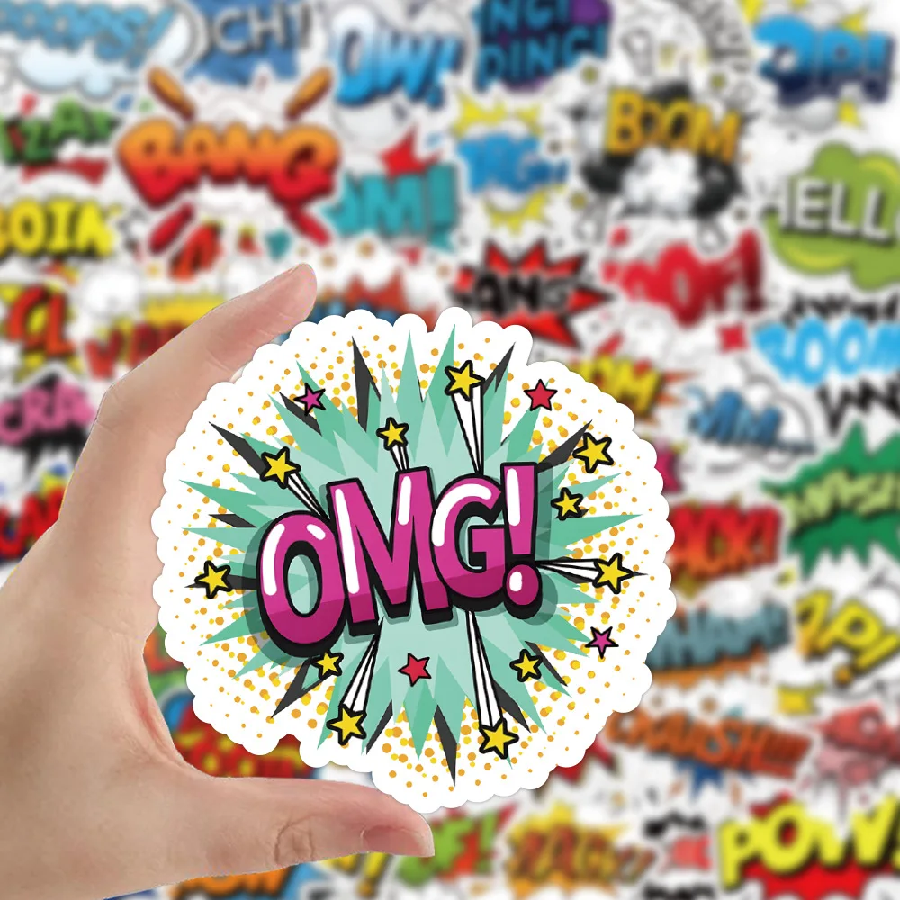 50/100Pcs INS English Boom Hello OMG BAM CRASH POW Stickers PVC Waterproof Stickers Decals For Kids Boys Girls Toys Gifts