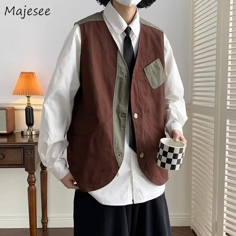 

M-3XL Cargo Vests Men Waistcoats Couple Y2k Clothes 3-Colors Vintage Harajuku Handsome V-neck All-match Spliced Outwear Teens