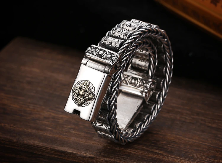 S925 sterling silver men's handmade woven Buddhist six character mantra turning cylinder bracelet with personalized retro silver