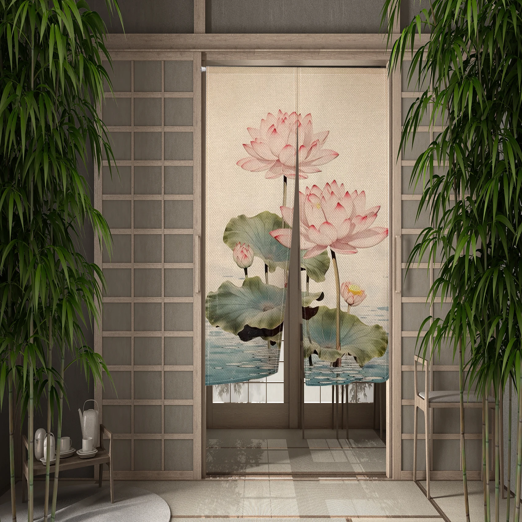 Chinese Ink Painting Door Curtain Lotus Flower Dragonfly Fish Room Divider Home Decor Partition Screen for Living Room Bedroom