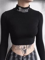 Women Black Bodycon Long Sleeve Crop Tops Gothic Harajuku Letter Embroidery Vintage Solid Tops Female Casual Basic Tops