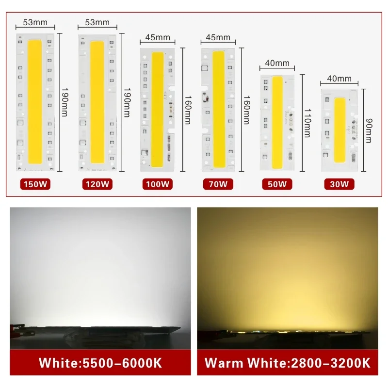 Chip LED COB para luz de inundación, 30W, 50W, 70W, 100W, 150W, 110V, 220V, blanco frío, cálido