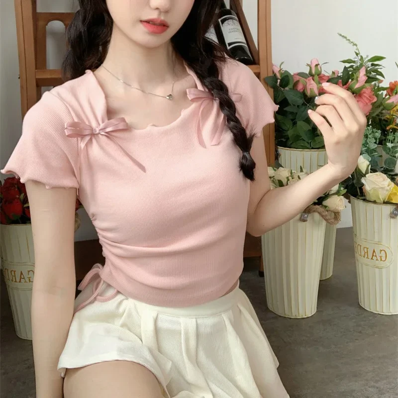 Summer Women Daily Kawaii Tie Up Clothes Lady Sweet Pink Cotton Short Sleeved T-shirt Female Butterfly Knots Square Neck Tops