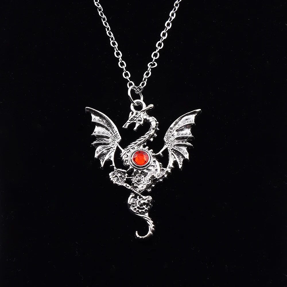 Tibetan Silver Large Fashion Vintage Gothic Crystal Dragon Wings Pendant Necklace on Long Chain for Jewelry Women Men Gift