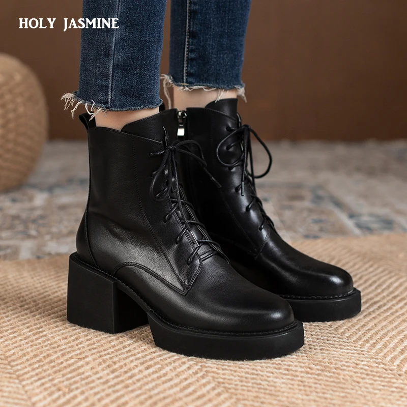 Retro Lace-up Mature Female Concise Women Ankle Boots Genuine Leather Thick Heels Autumn Winter Side Zipper Office Shoes Woman