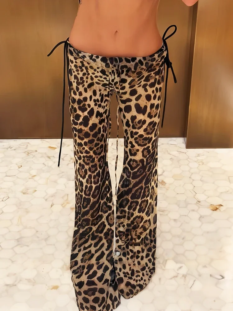 DSMTRC Women Leopard Print Low-Waist Leisure Fashion Summer Hottie Sexy Streetwear Trousers Bandage Tassel Flared Pant Female