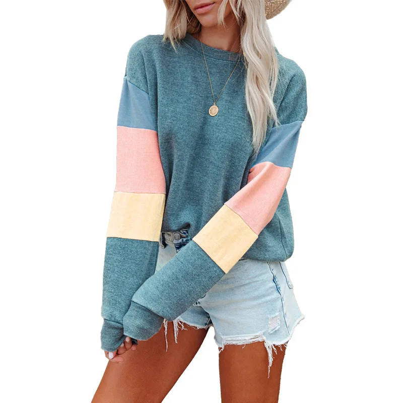 

2025 Spring Autumn Women's Pullover O-Neck Long Sleeve Contrasting Color Long Sleeve Trendy T-shirt Sweatshirts for Female