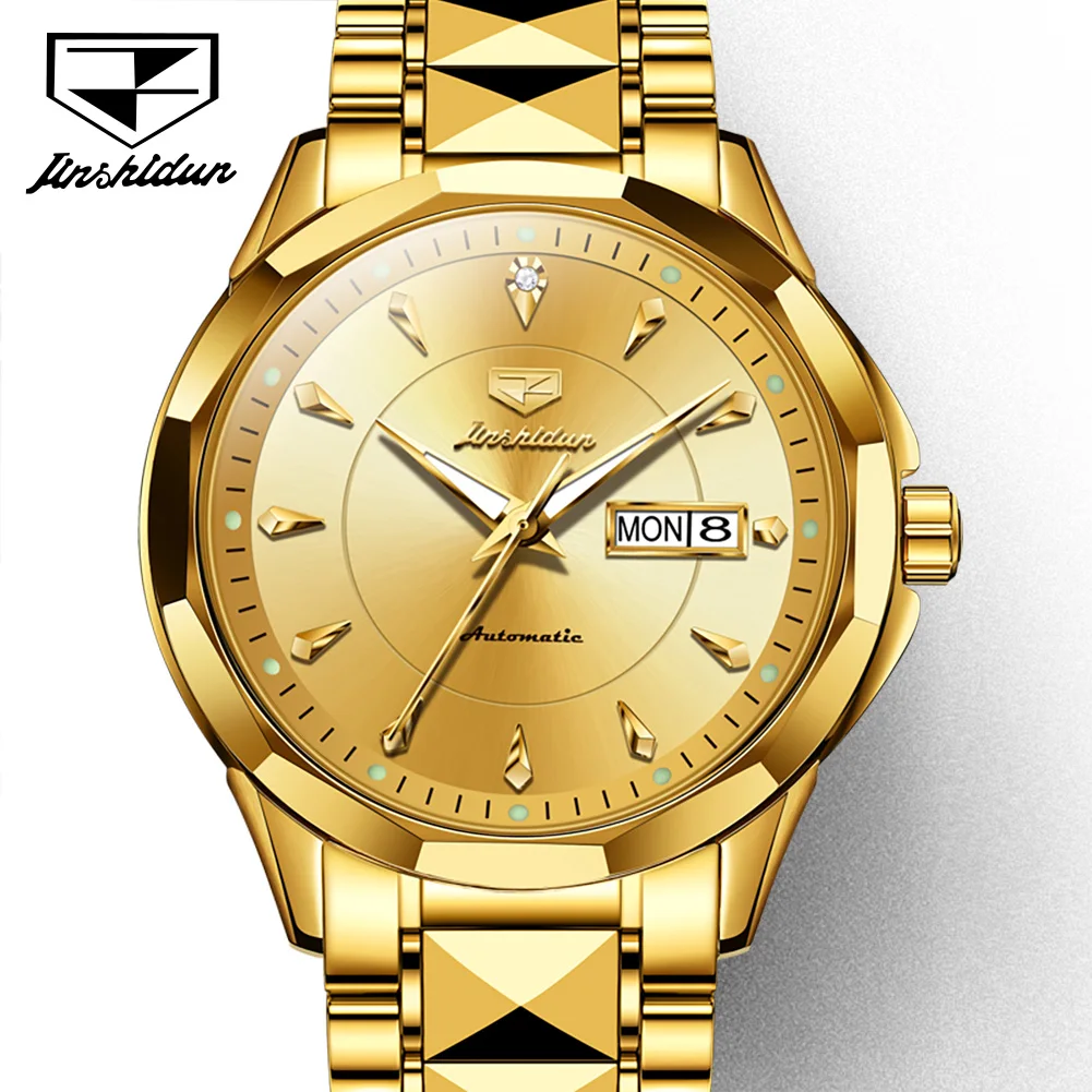 Original JSDUN Men\'s Automatic Watch Tungsten Steel Strap Japan Movement Auto Date Golden Business Mechanical Wristwatch for Men