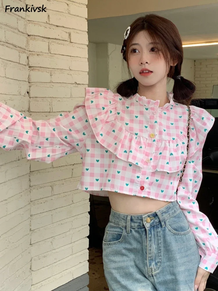 

Cropped Shirts for Women Hotsweet Love-design Button Korean Style Long Sleeve Aesthetic High Street Clothing Spring Summer Daily