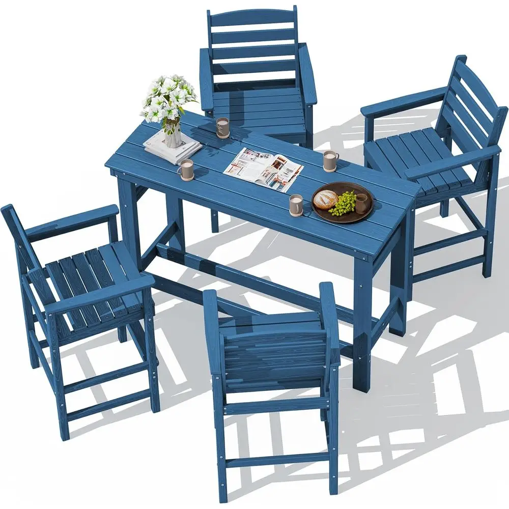 

Outdoor Bar Set - 4 Adirondack Bar Chairs & Bar Height Table with 1.6" Umbrella Hole, All-Weather HDPE Patio urniture or Poolsid