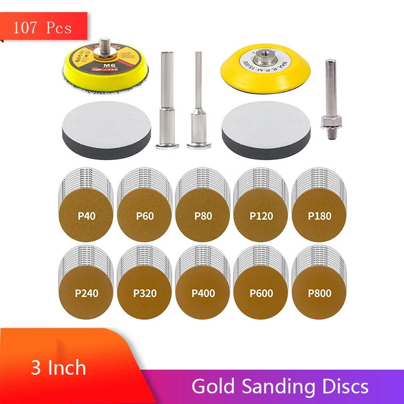 

3 Inch Gold Sanding Discs 107 Pcs with Backing Pad Hook and Loop Sandpaper Assorted 40-800 Grit for Polishing and Sanding Metal