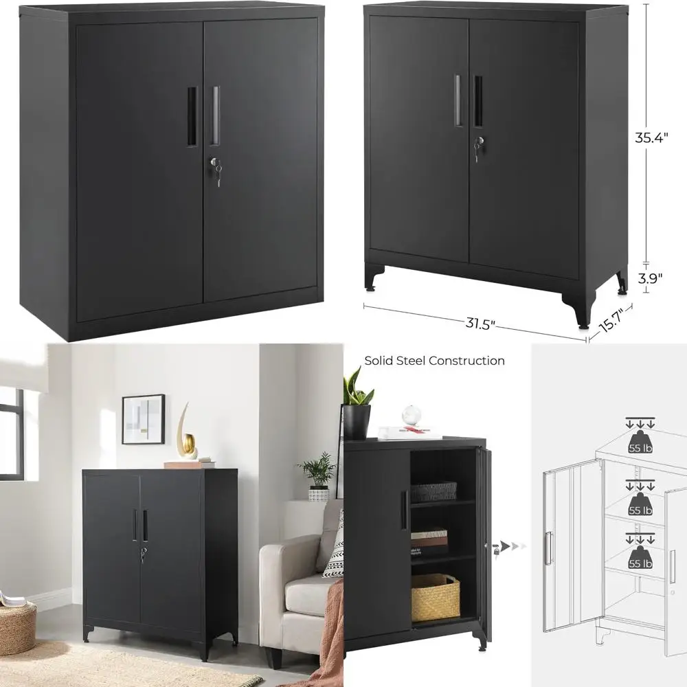 

металлический шкаф для хранения вещей с дверцами и полками для домашнего, офиса и гаража черного цвета