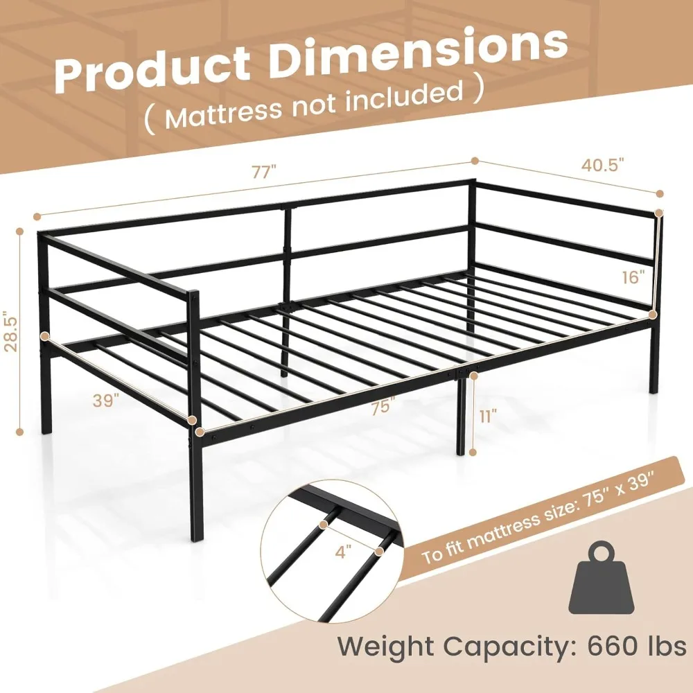 Metal Daybed Frame, Day Bed with Metal Slat Support & 3-Sided Guardrails, 2-in-1 Space-Saving Sofa Bed for Living Room