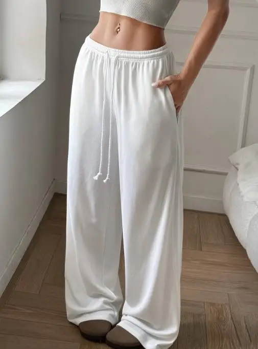 Pantalon de sport et de loisirs à jambes larges pour femmes, couleur unie, taille haute, sangle cintrée avec poche, été