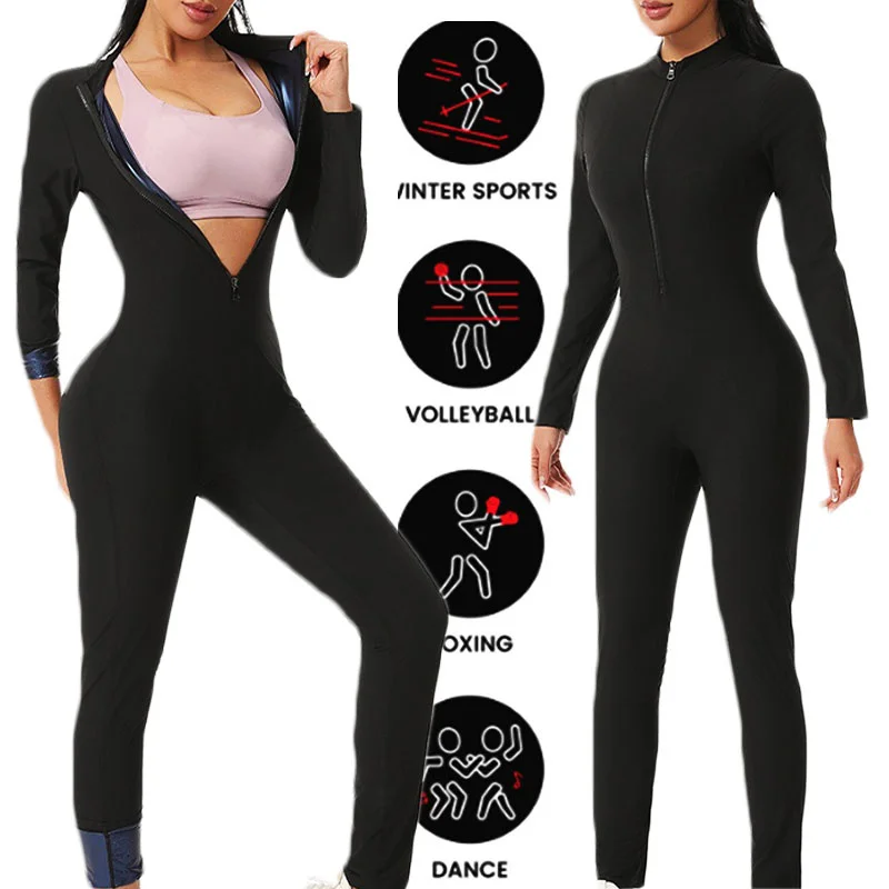 بدلة ساونا MrifDila بدلة رياضية كاملة بسحّاب بدلة قفز للتعرق الساخن بأكمام طويلة وسراويل سفلية للتعرق على شكل بدلة للجسم