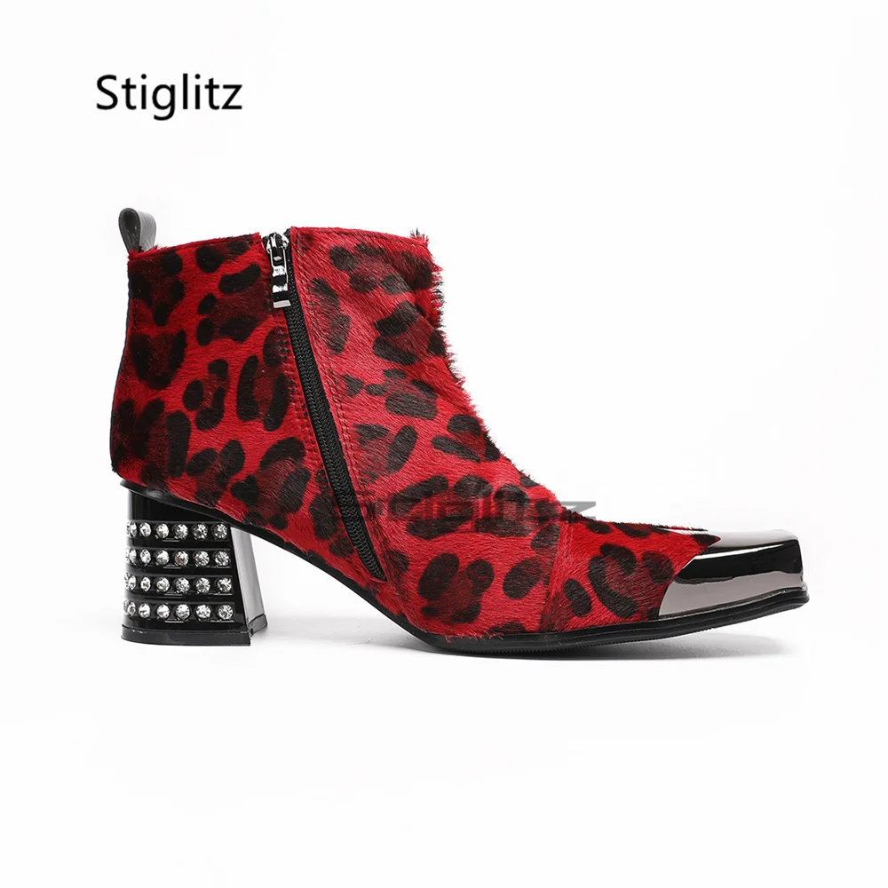 Red Leopard Print Pony Hair Ankle Boots for Men Metal Square Toe Side Zipper Western Booties Rhinestone Chunky Block Heel Shoes