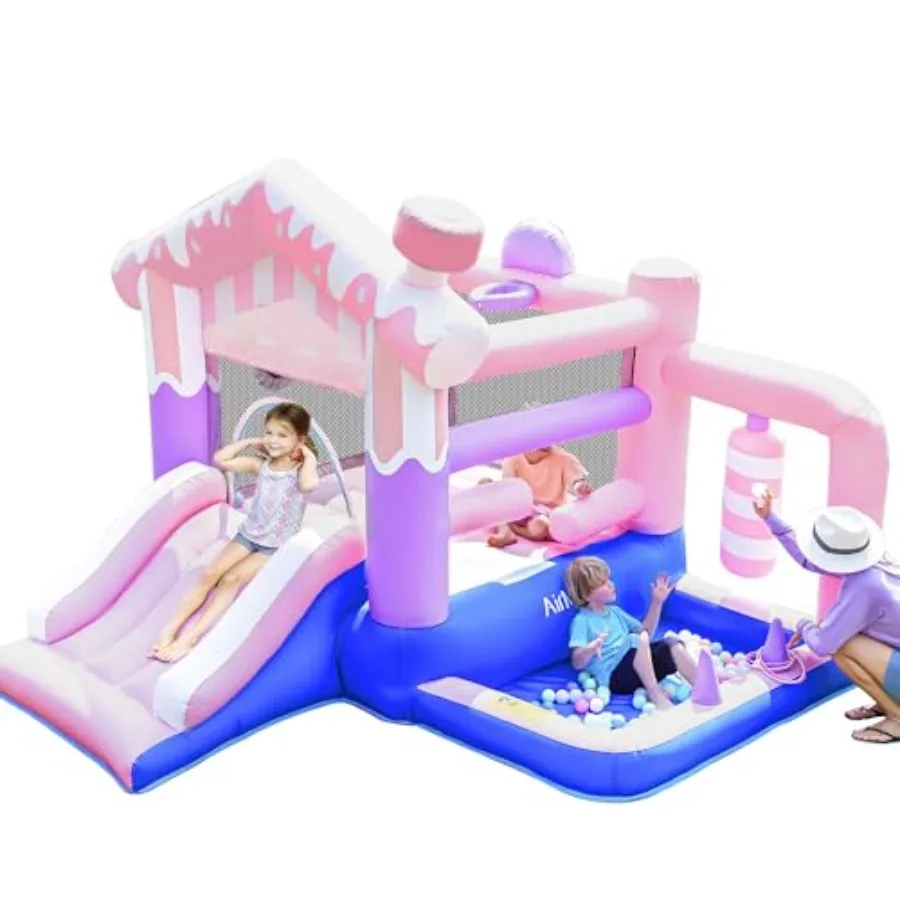 

Надувной батут-замок для детей в тематике «Розовое мороженое» — для использования в помещении и на улице, с горкой, бассейном с шариками, батутом-«разрушителем» и батутом-«мяч»