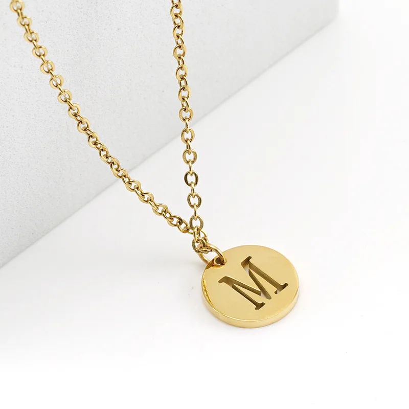 Stainless Steel Necklace Fashion Gold Color Initial Charms Metal Round A To Z Letters For Women Single Name Jewelry Gifts