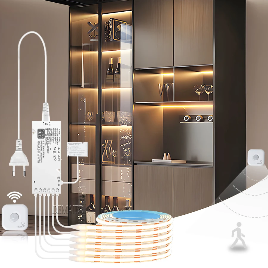 COB led Strip Light Wireless Motion Sensor touch DIY Kitchen Shelf Pantry Showcase Closet Under Cabinet Dimmer backlight lamp EU