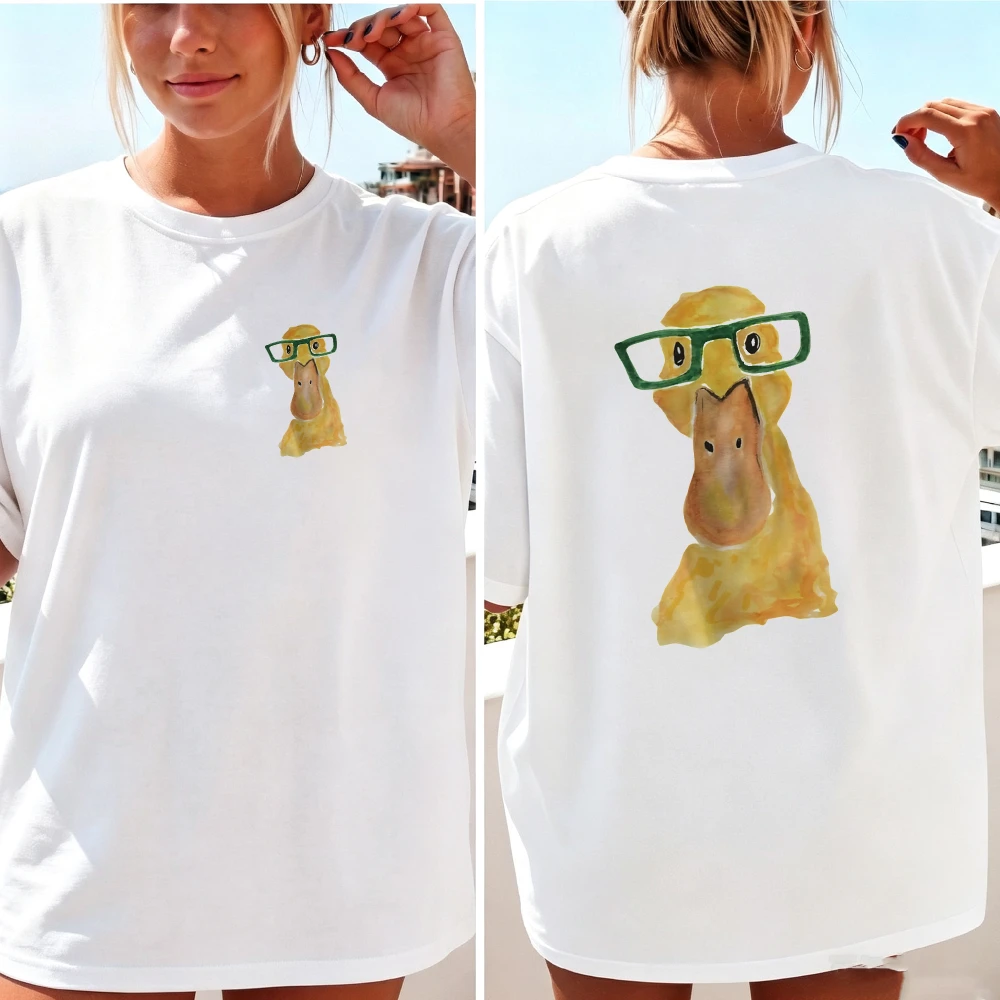 Women Hand Drawn Yellow Duck with Green Glasses Front Back Double Sided T Shirt Funny Nerdy Duck Cartoon Cotton Humor Daily Tops