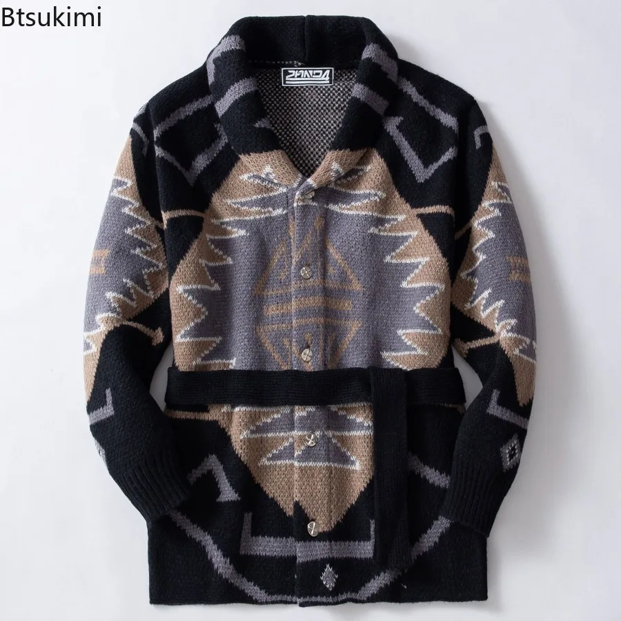 

New 2026 Men's Fashion Vintage Cardigan Sweater Coats Thickened Mid-length Style Jacquard Waist Lace-up Knitted Sweaters for Men