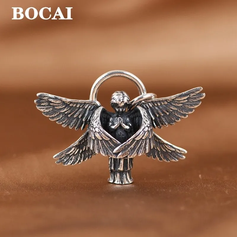 BOCAI 100% S925 Silver Jewelry Accessories Vintage Hip-Hop Trendy Angel Wings Pendant for Men and Women Trendy Birthday Gift