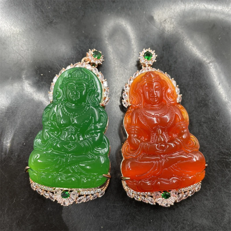 Inlaid chrysoprase Tara , large red agate Guanyin sweater chain pendant