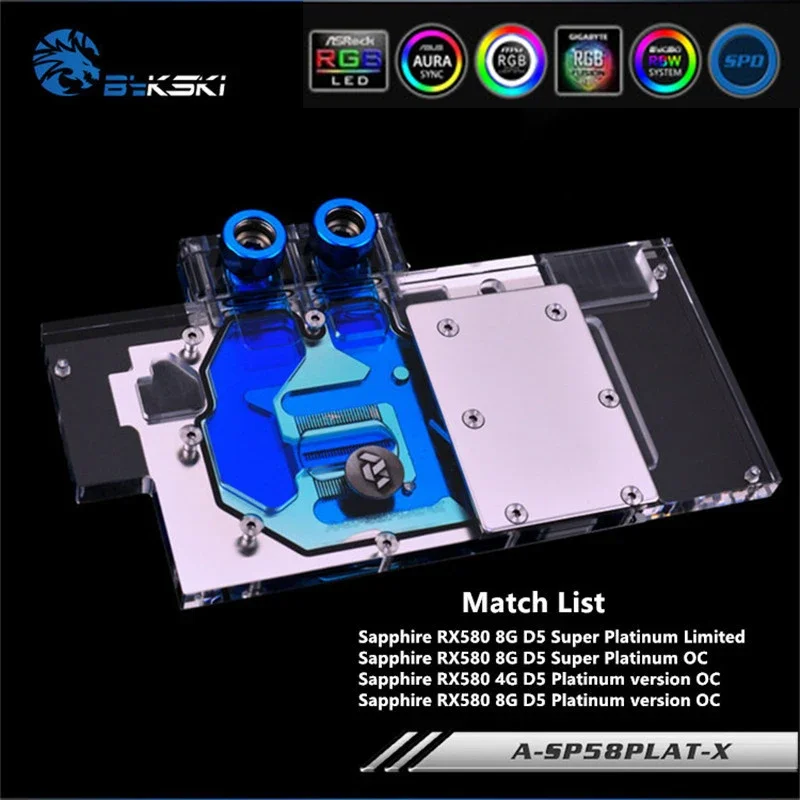 Bykski Full Cove GPU Water Block For VGA Sapphire RX580 Nitro+ Graphics Card Water Cooling,5V/12V M/B SYNC,A-SP58PLAT-X