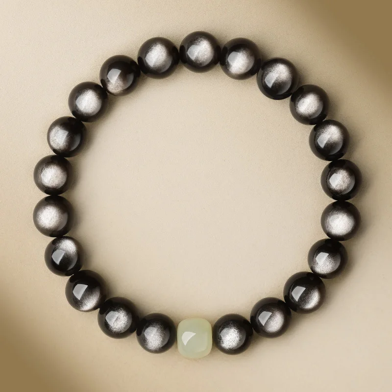 Natural Silver Male Stone Hetian Jade Lucky Beads Bracelet Women's Multi-Circle Gold Obsidian