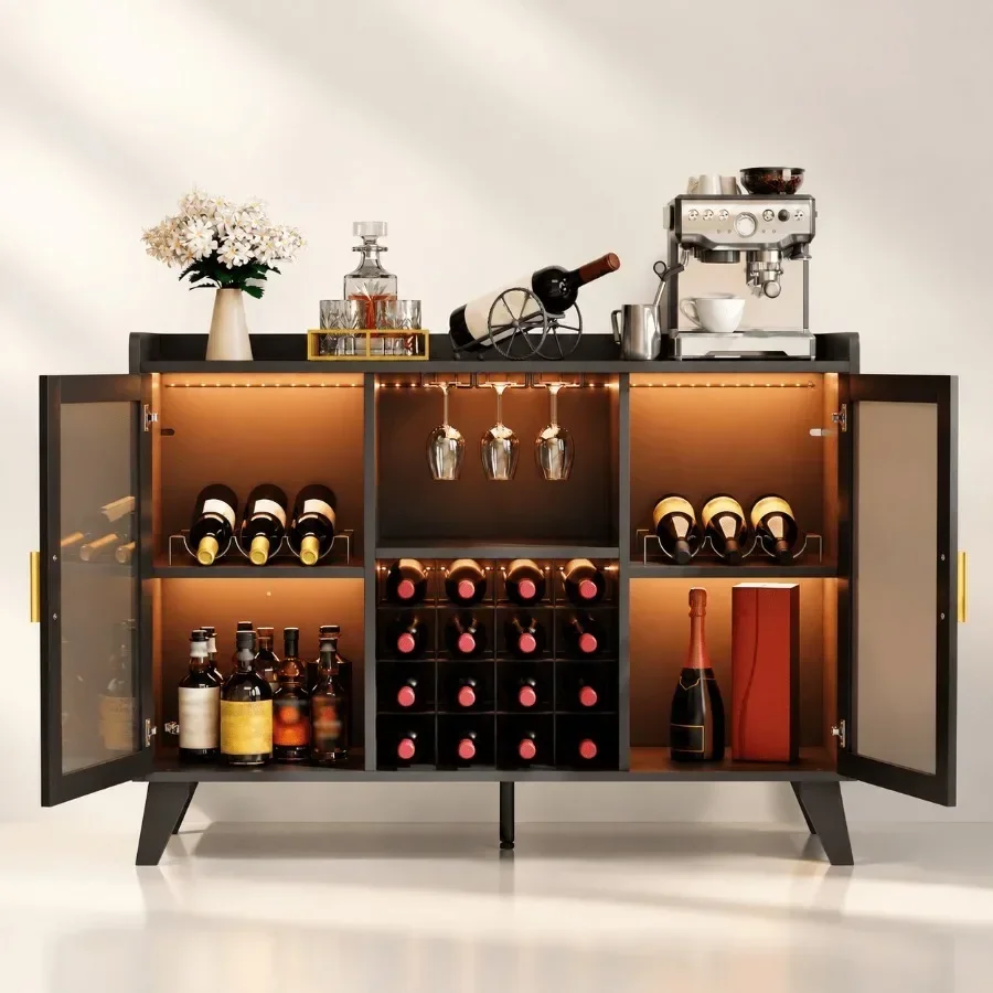 Bar Cabinet with LED Lights for Wine Storage, Black Acrylic Doors, Modern Illuminated Design view 2