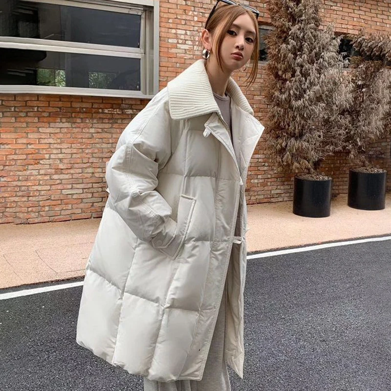 

2025 Korean Streetwear Long Quilted Coat Fashion Lapel Mid-Length Down Cotton Jacket Women Winter Windproof Warm Zip Up Parkas