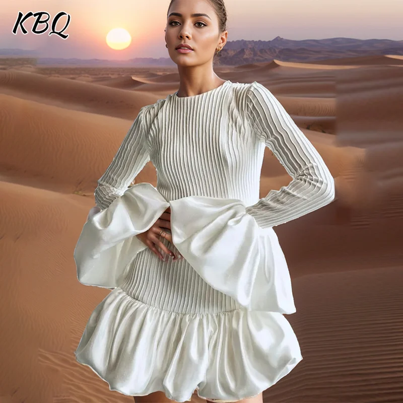 

KBQ Solid Temperament Slim Dresses For Women Round Neck Flare Sleeve High Waist Patchwork Ruffles Elegant A Line Dress Female