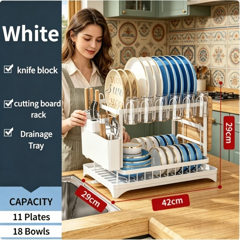 

Home Household Home Kitchen Countertop Use 2 Tier Dish Drying Rack Metal with Drip Tray