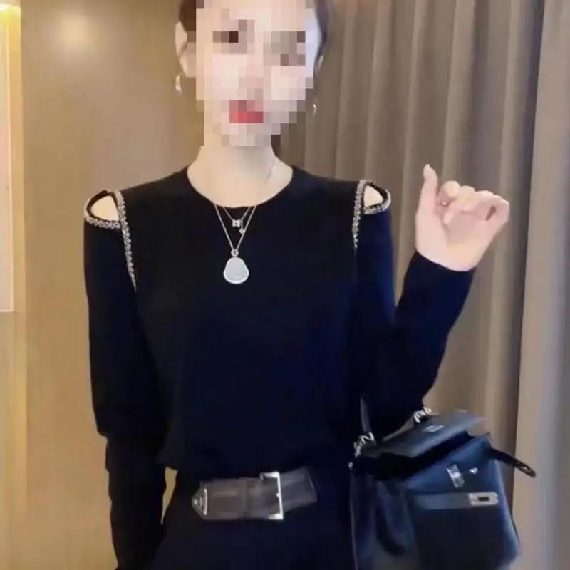 Hot 2026New Autumn Winter Women Fashion Off Shoulder Design Knitted Sweater Hollow Out Light Luxury Western Round Neck Innertops