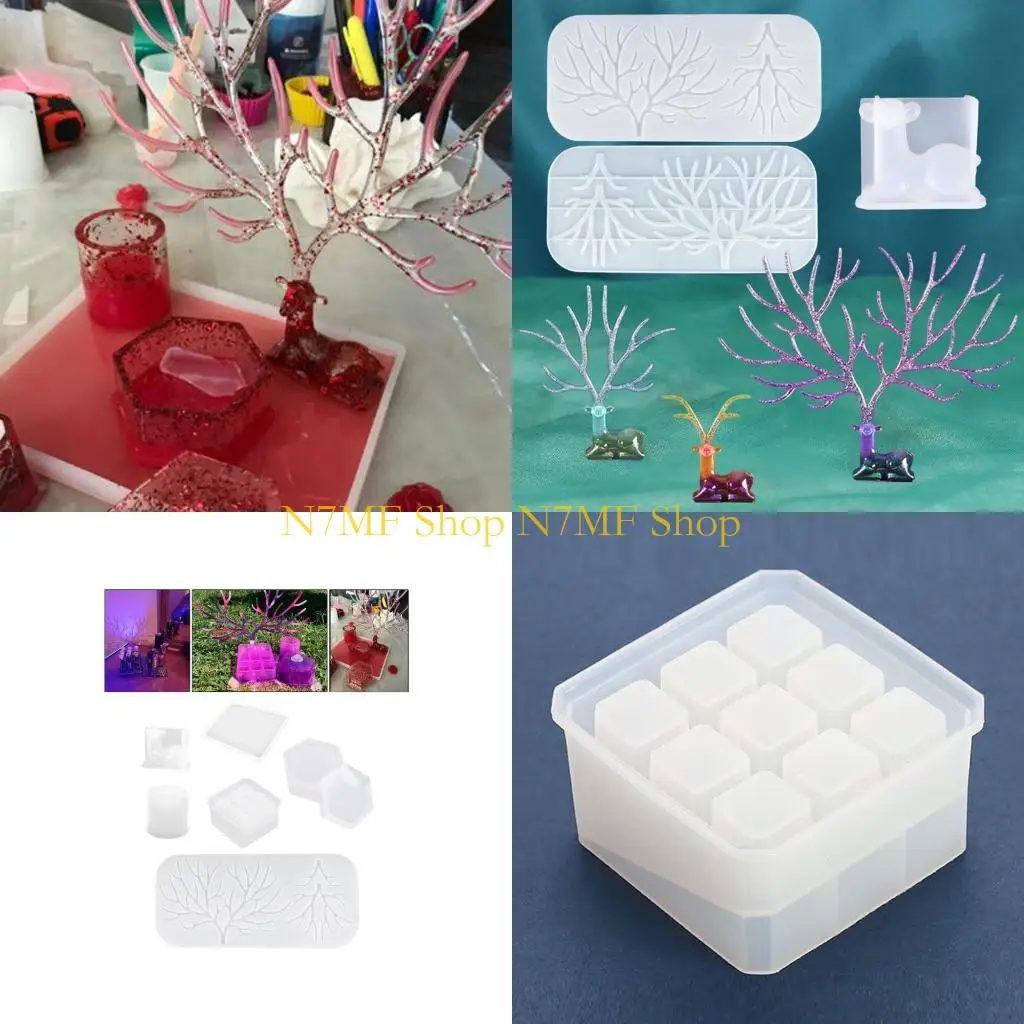 

N7MF Crystal Epoxy Resin Molds Deer Makeup Jewelry Display Tray Silicone Mould 9-Slot Lipstick Pen Holder Mold