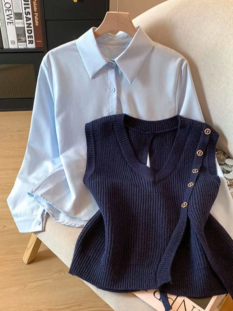 秋の新作 Sle レディース ロングスリーブ カラーニットベスト イレギュラーVネック ツーピースセット オリジナルデザイン ストレートカット