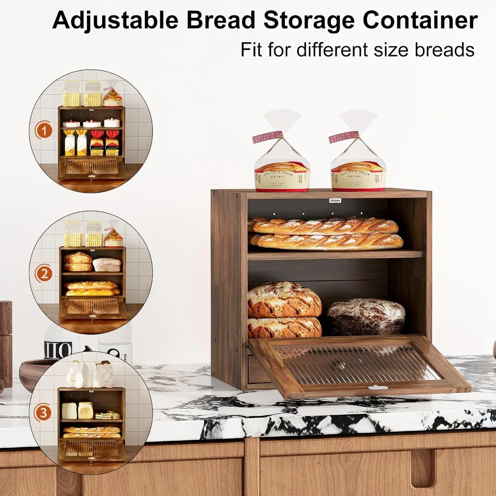 Large Capacity Wooden Bread Box for Kitchen Countertop with Ventilation Holes, Adjustable Shelf, Vintage Farmhouse Design, Keeps Bread Fresh Longer, Retro Brown - view 2